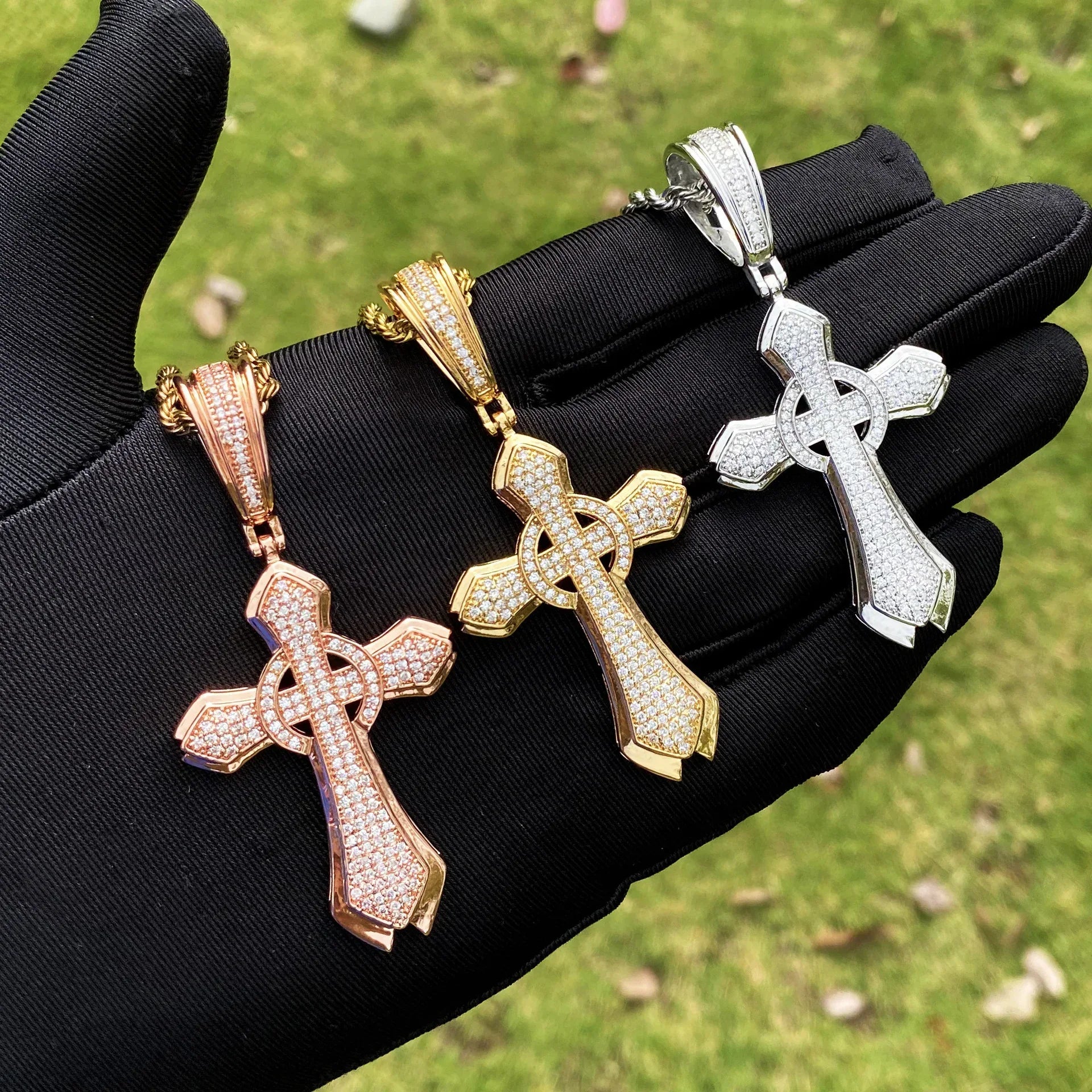 Iced Out Halo Cross Pendant | Women's Round Center Religious Necklace | Premium Copper CZ Elegant Hip Hop Jewelry | Divine Light Charm | Caratix - CaratixJewelry
