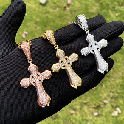 Iced Out Halo Cross Pendant | Women's Round Center Religious Necklace | Premium Copper CZ Elegant Hip Hop Jewelry | Divine Light Charm | Caratix - CaratixJewelry