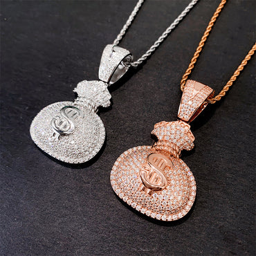 Iced Out Money Bag Pendant | Men's Gold Plated Hip Hop Money Sack Charm | Caratix