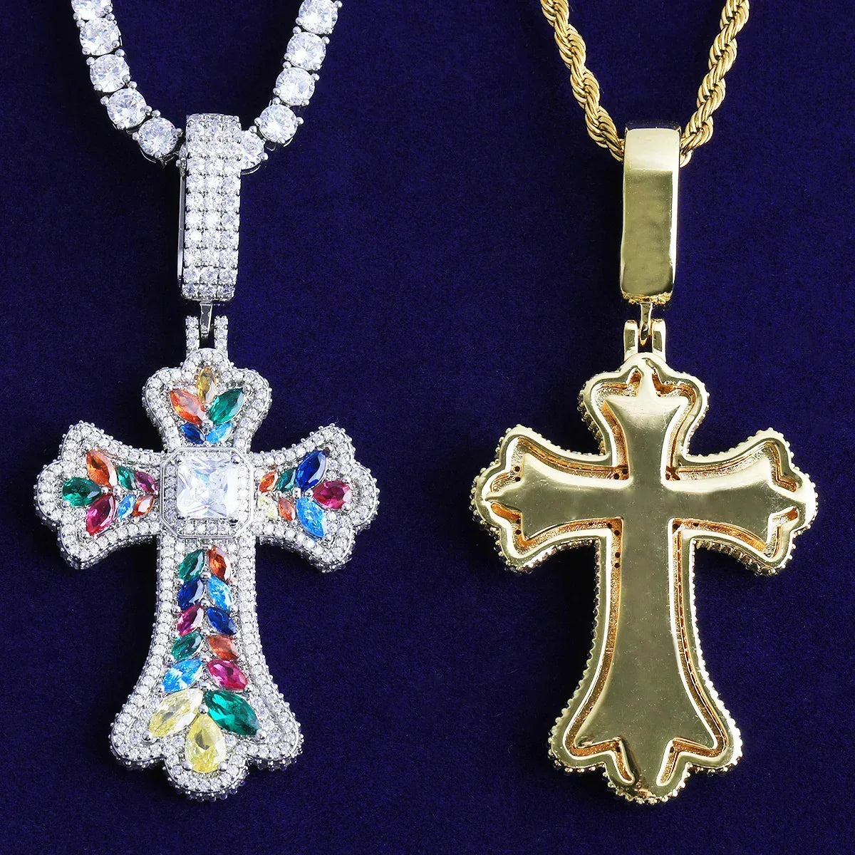 Luxury Multi-Color Iced Out Cross Pendant for Men | Hip Hop Rainbow Zircon Necklace | Genuine Copper CZ Jewelry | Senior Sense Bling | Caratix - CaratixJewelry