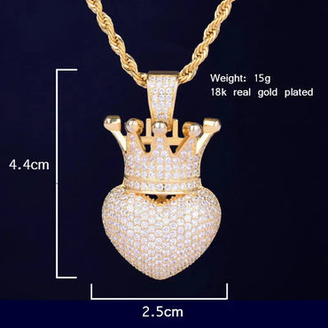 Luxury Iced Out Heart Crown Pendant for Men | Hip Hop Pave CZ Jewelry | Trendy Copper Zircon Necklace | King of Hearts Ice Pendant | Caratix - CaratixJewelry