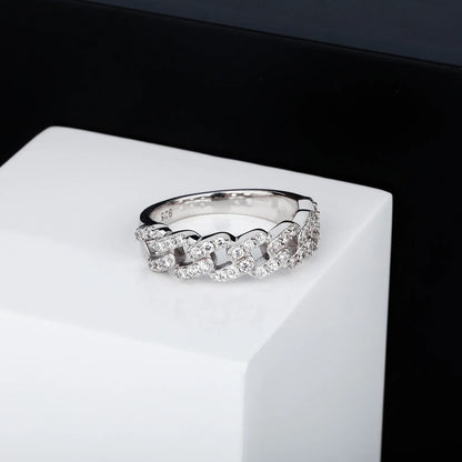 Solid 925 Sterling Silver Cuban Link Ring | Iced Out Hip Hop Band | Caratix