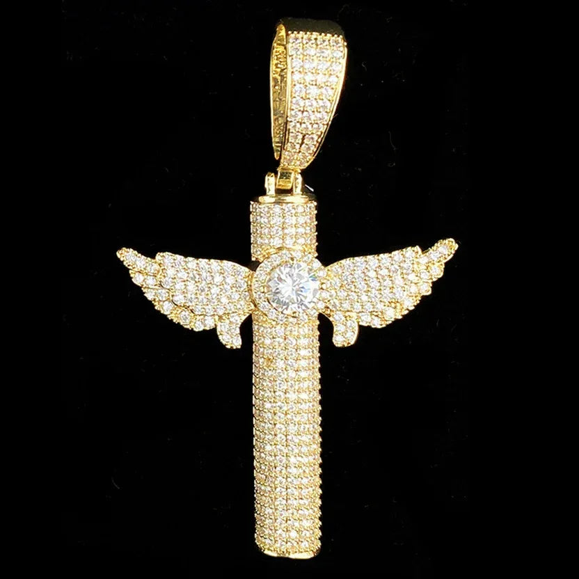 Iced Out Micro Winged Cross Pendant | Unisex Minimalist "Mini" Necklace - CaratixJewelry