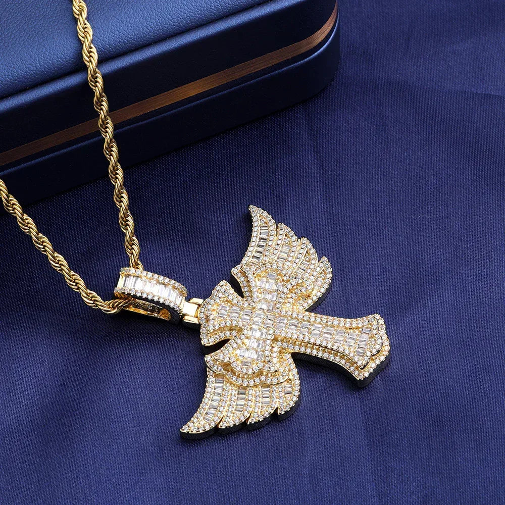 Angel Wing Cross S925 Silver Moissanite Rapper Chain Necklace | Caratix Jewelry - CaratixJewelry