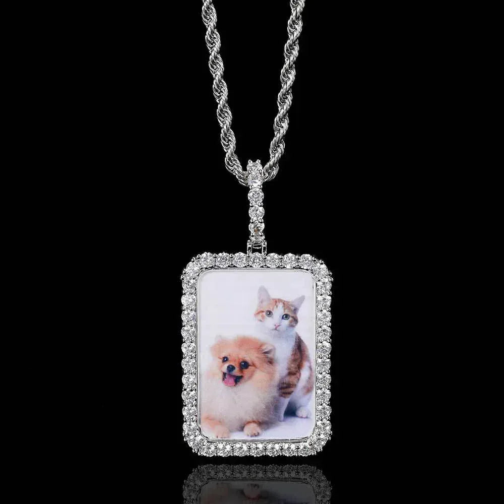Custom Large Square Photo Pendant Necklace with Micro-Pave Zircon Stones | Caratix Jewelry - CaratixJewelry