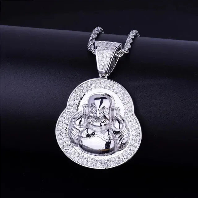Iced Out Laughing Buddha Pendant | Men's Lucky Hip Hop Necklace | Premium Copper CZ Maitreya Jewelry | Wealth & Good Fortune | Caratix - CaratixJewelry