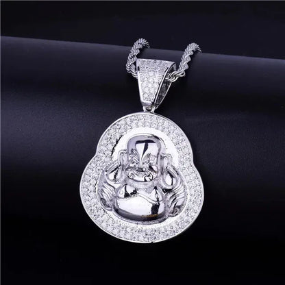 Iced Out Laughing Buddha Pendant | Men's Lucky Hip Hop Necklace | Premium Copper CZ Maitreya Jewelry | Wealth & Good Fortune | Caratix - CaratixJewelry