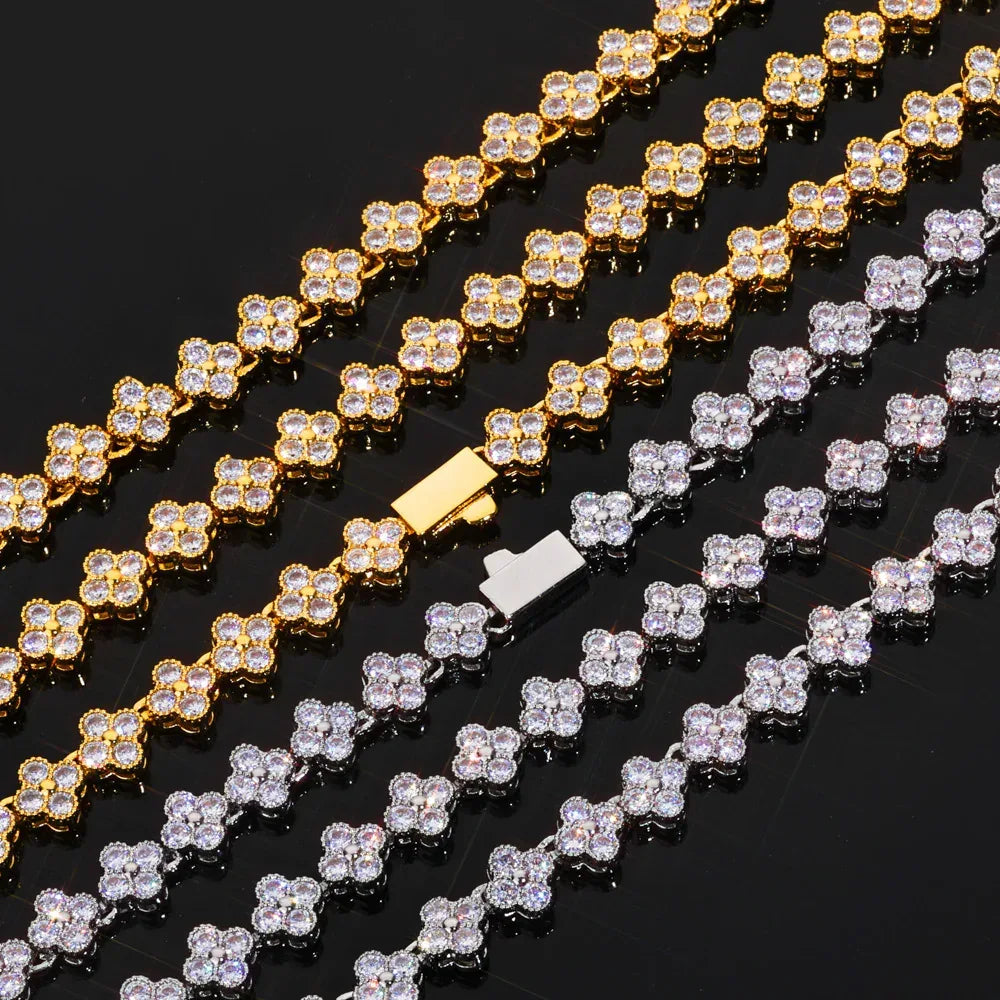 7mm Men's Full Zircon Clover & Plum Blossom Necklace | Niche Floral Iced Out Chain | Premium Hip Hop Bling | Caratix - CaratixJewelry