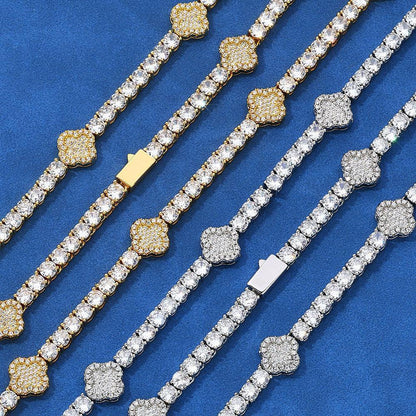 Four-Leaf Clover Moissanite Tennis Chain – S925 Sterling Silver Iced-Out Hip Hop Men’s Versatile Streetwear Necklace - CaratixJewelry