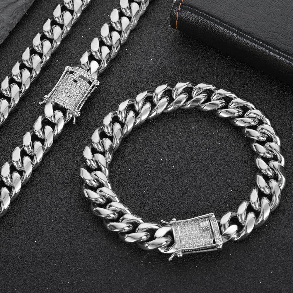 Stainless Steel Titanium Cuban Link Zircon Hip Hop Bracelet Double-Sided Clasp for Men | Caratix Jewelry - CaratixJewelry