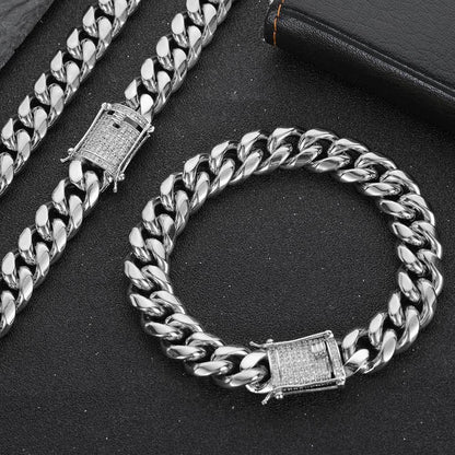 Stainless Steel Titanium Cuban Link Zircon Hip Hop Bracelet Double-Sided Clasp for Men | Caratix Jewelry - CaratixJewelry