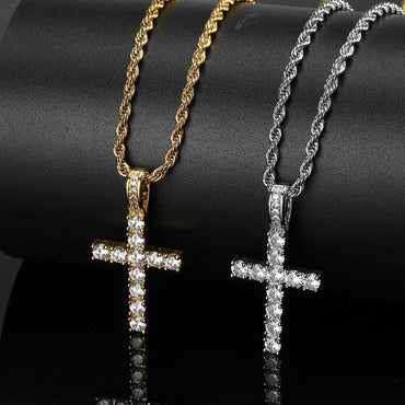 Custom Small Solid Cross Pendant Necklace with Micro-Pave Zircon Stones and Gold Plating for Men | Caratix Jewelry - CaratixJewelry