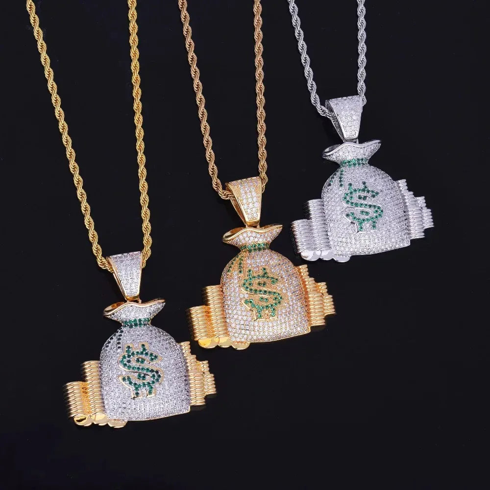 Iced Out Money Bag Pendant | Men's Real Gold Plated Necklace | Premium Copper CZ Dollar Sign Sack | Secure The Bag Jewelry | Caratix - CaratixJewelry