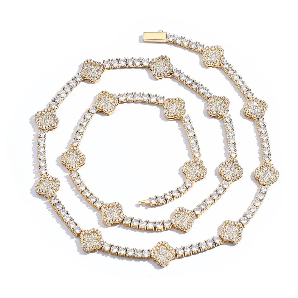 Men's Spring-Clasp Clover Tennis Chain | 5A Zircon Iced Out Necklace | Premium Gold Chain Rapper Style | Caratix - CaratixJewelry