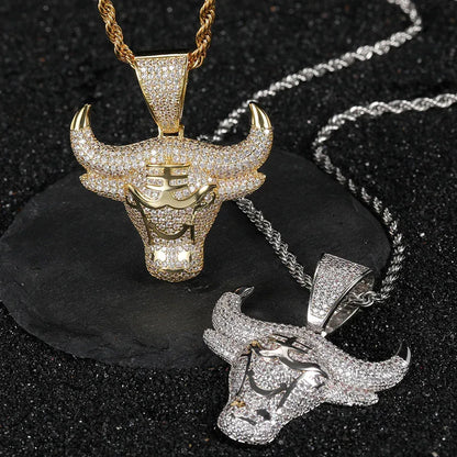 Bull Head Pendant Necklace with Copper Frame and Zircon Stones for Men | Caratix Jewelry - CaratixJewelry