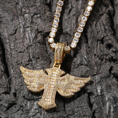 Luxury Iced Out Angel Wings Cross Pendant for Men | Hip Hop Pave CZ Jewelry | Trendy Winged Cross Ice Pendant | Fashion Necklace | Caratix - CaratixJewelry