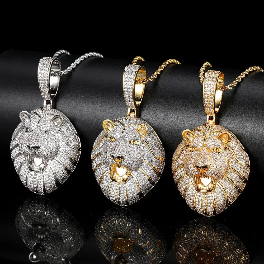 Solid Lion Head Pendant Necklace with Micro-Pave Zircon and Gold Plating for Men | Caratix Jewelry - CaratixJewelry