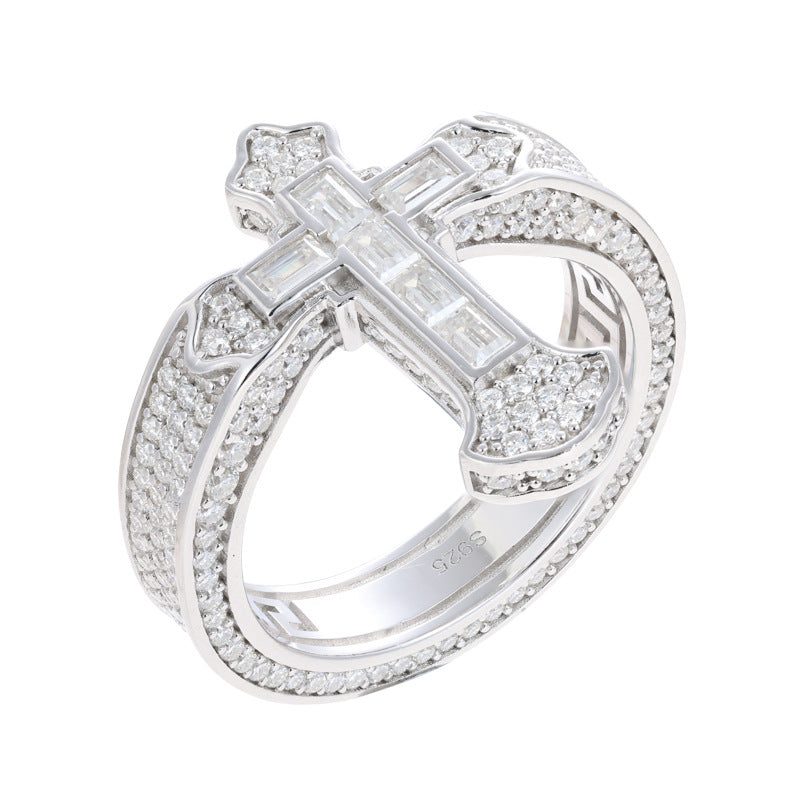 Ice-Block Baguette Moissanite Cross Ring Silver | Caratix