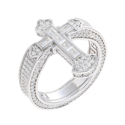 Ice-Block Baguette Moissanite Cross Ring Silver | Caratix