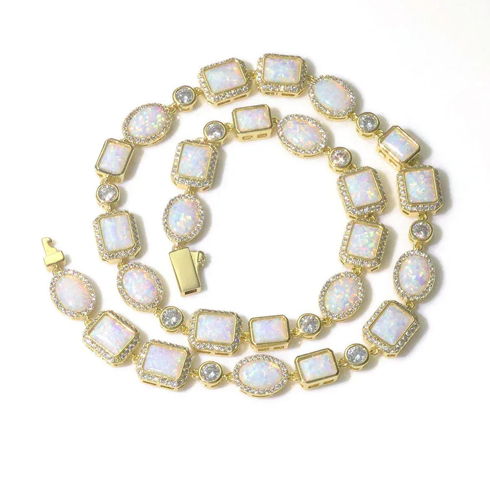 10mm Opal Style Necklace Gemstone Chain Hip Hop Jewelry | Caratix Jewelry - CaratixJewelry