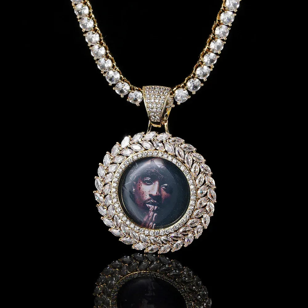 Custom Wheat Ear Round Photo Frame Pendant Necklace with Zircon Stones for Men | Caratix Jewelry - CaratixJewelry