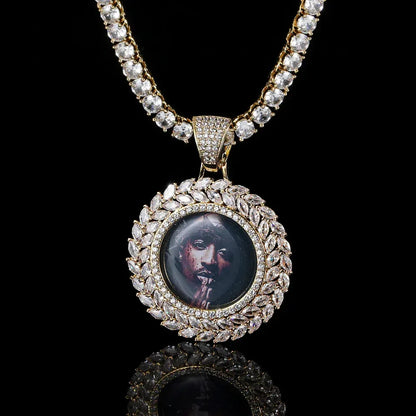 Custom Wheat Ear Round Photo Frame Pendant Necklace with Zircon Stones for Men | Caratix Jewelry - CaratixJewelry