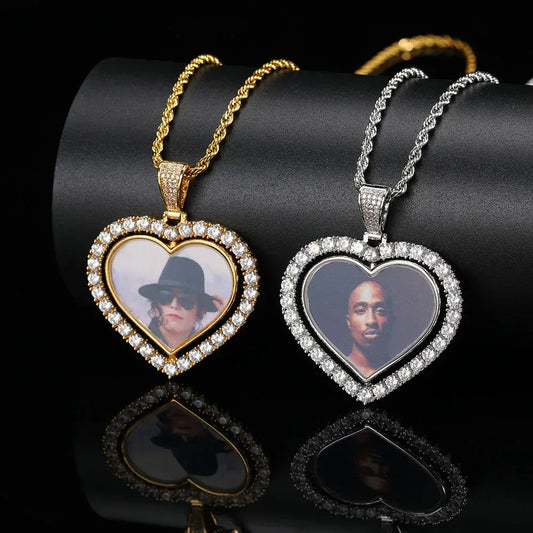 Custom Double-Sided Heart Rotating Photo Pendant Necklace with Zircon Stones for Men and Women | Caratix Jewelry - CaratixJewelry