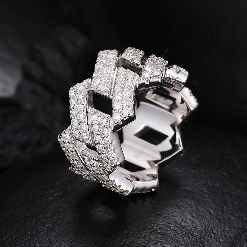 S925 Sterling Silver Geometric Rhombus Ring – Full Iced-Out Moissanite Hip-Hop Band