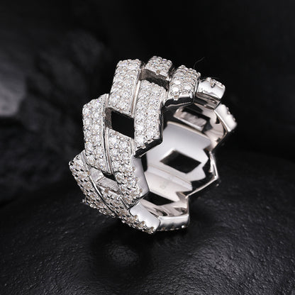 S925 Sterling Silver Geometric Rhombus Ring – Full Iced-Out Moissanite Hip-Hop Band