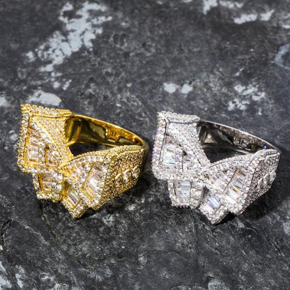 Men's Baguette Cut Butterfly Ring | Iced Out T-Stone Hip Hop Band | Caratix