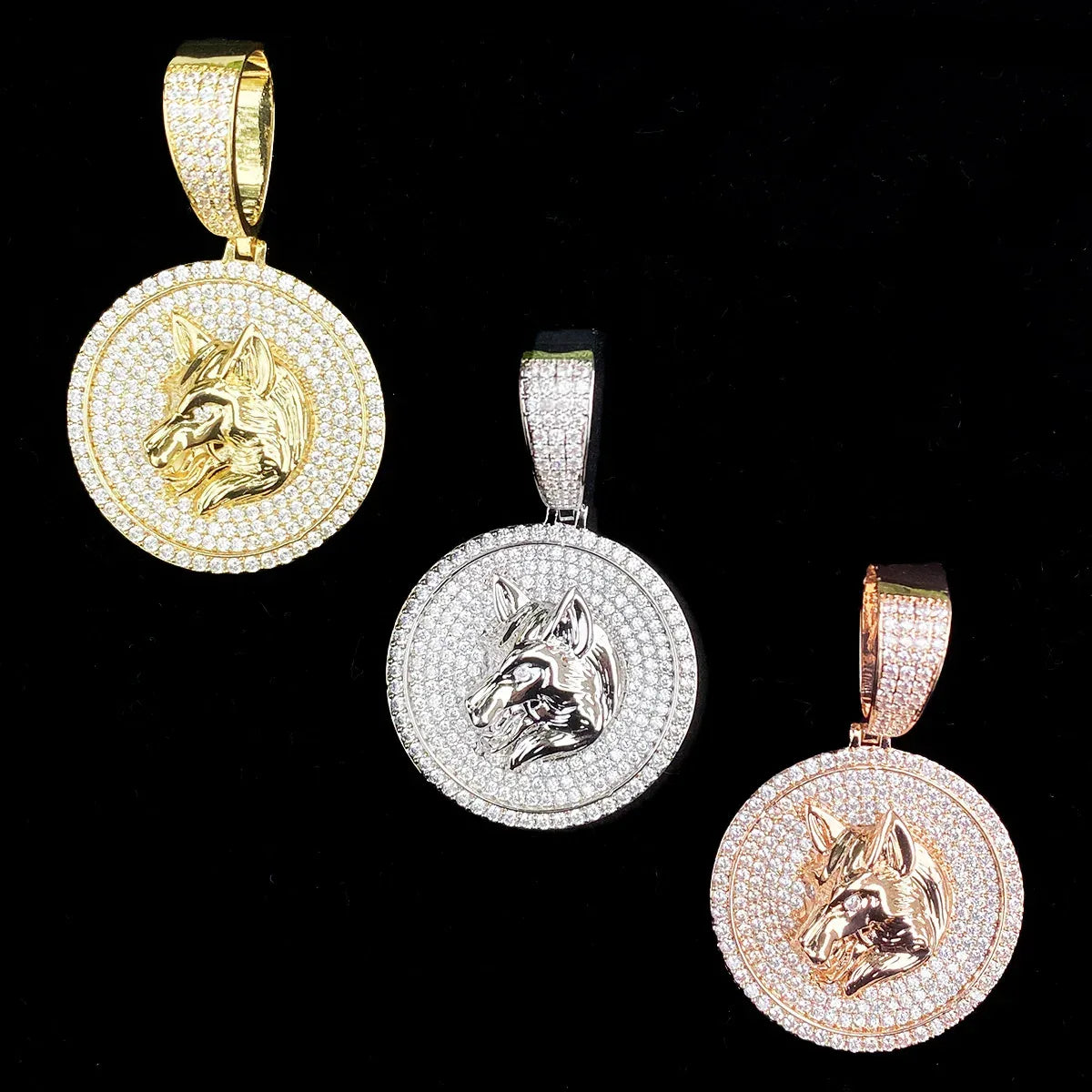 Iced Out Round Wolf Head Medallion | Men's Real Copper CZ "Alpha" Necklace | - CaratixJewelry