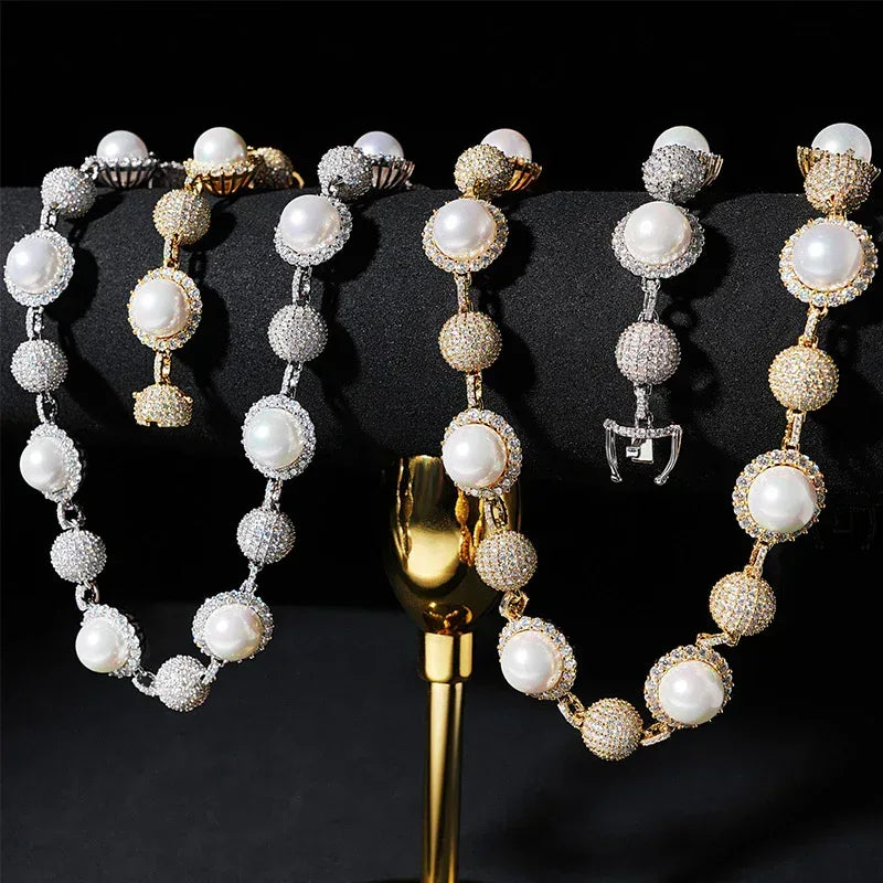 10mm Pearl Moissanite Necklace | S925 Silver Men’s Hip Hop Jewelry - CaratixJewelry