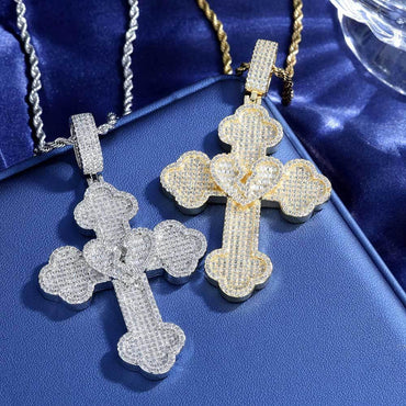 Iced Out Broken Heart Cross Pendant Necklace Zircon Chrome Heart Crossr Style | Caratix Jewelry - CaratixJewelry