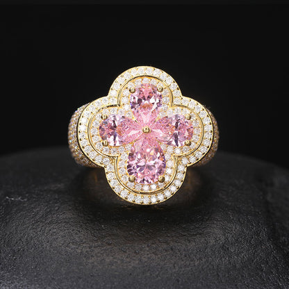 S925 Sterling Silver Moissanite Flower Ring – Ice Out Hip-Hop Luxury Statement Band for Men