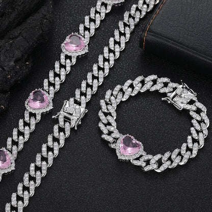 10mm Pink Zircon Heart Pendant Cuban Chain Necklace - CaratixJewelry