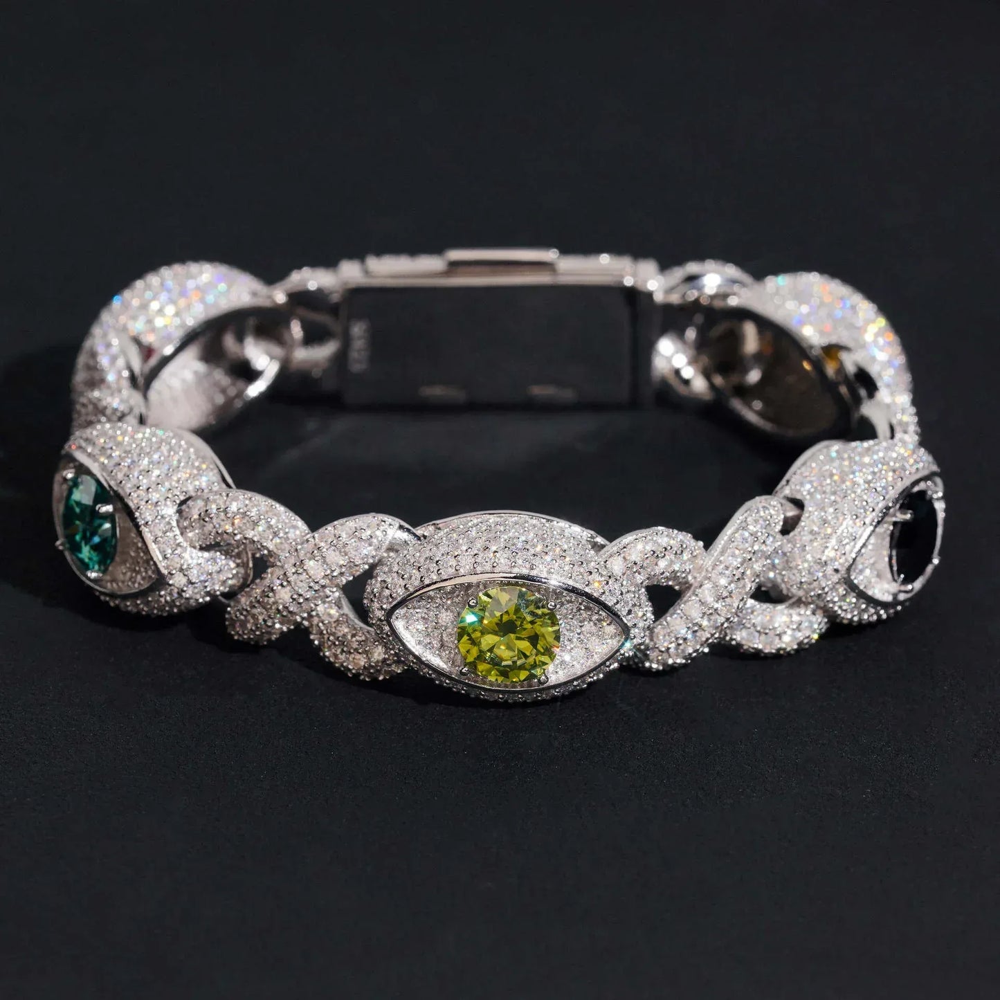 Iced-Out Eye Design Moissanite Cuban Link Bracelet – 925 Sterling Silver Hip Hop Men’s Streetwear Jewelry - CaratixJewelry