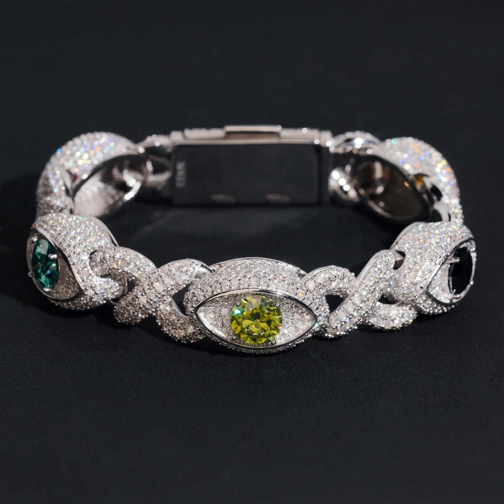Iced-Out Eye Design Moissanite Cuban Link Bracelet – 925 Sterling Silver Hip Hop Men’s Streetwear Jewelry - CaratixJewelry