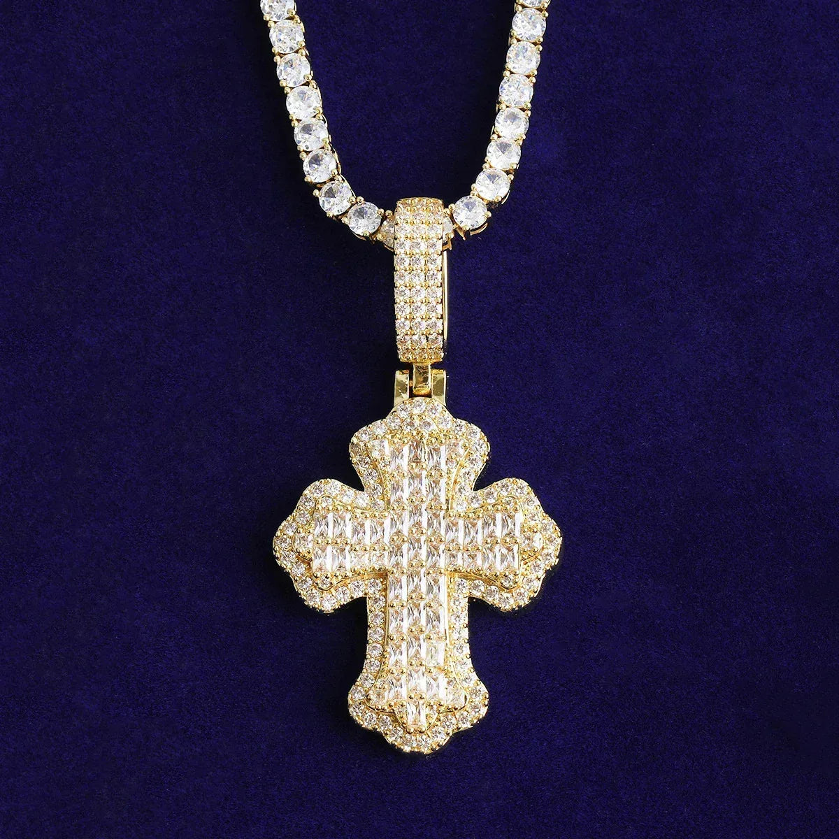 Double Layer Iced Out Baguette Cross Pendant | Men's Real Copper CZ Necklace - CaratixJewelry