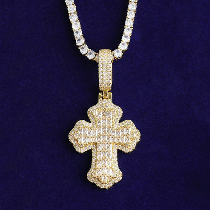 Double Layer Iced Out Baguette Cross Pendant | Men's Real Copper CZ Necklace - CaratixJewelry