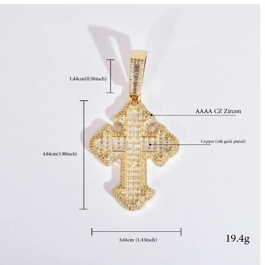 Iced Out Step-Cut Cross Pendant Necklace- Hip Hop CZ - CaratixJewelry