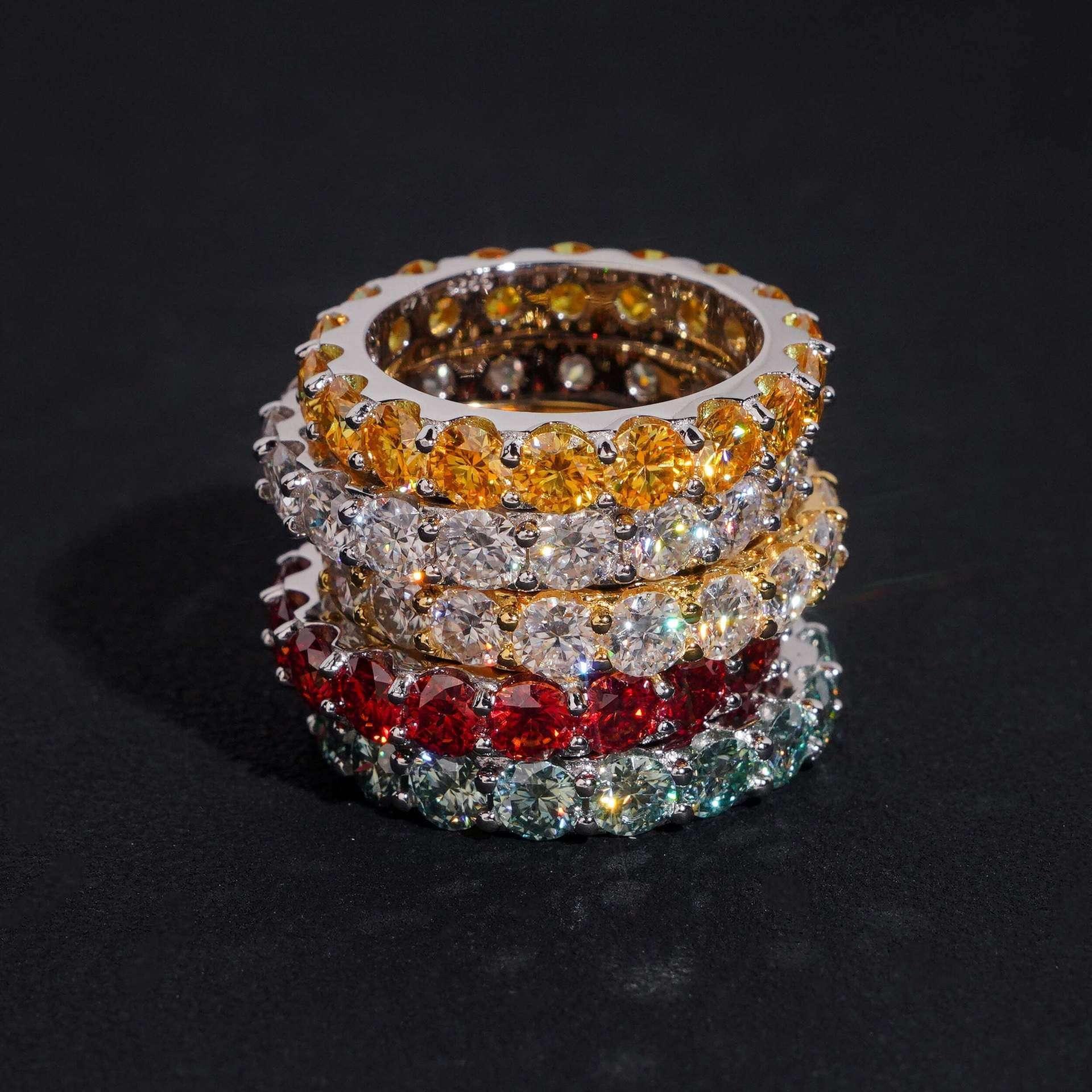 4mm Colored Moissanite Band Ring | S925 Silver Unisex Iced Out Hip Hop Jewelry - CaratixJewelry