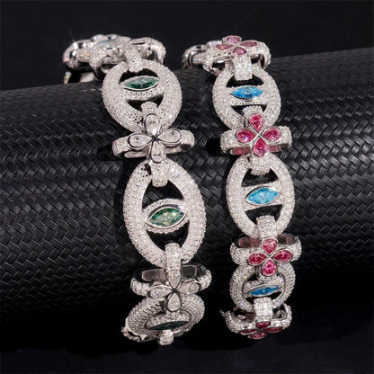 Colored Moissanite Eye & Cross Bracelet – S925 Sterling Silver Iced-Out Hip Hop Streetwear Jewelry - CaratixJewelry