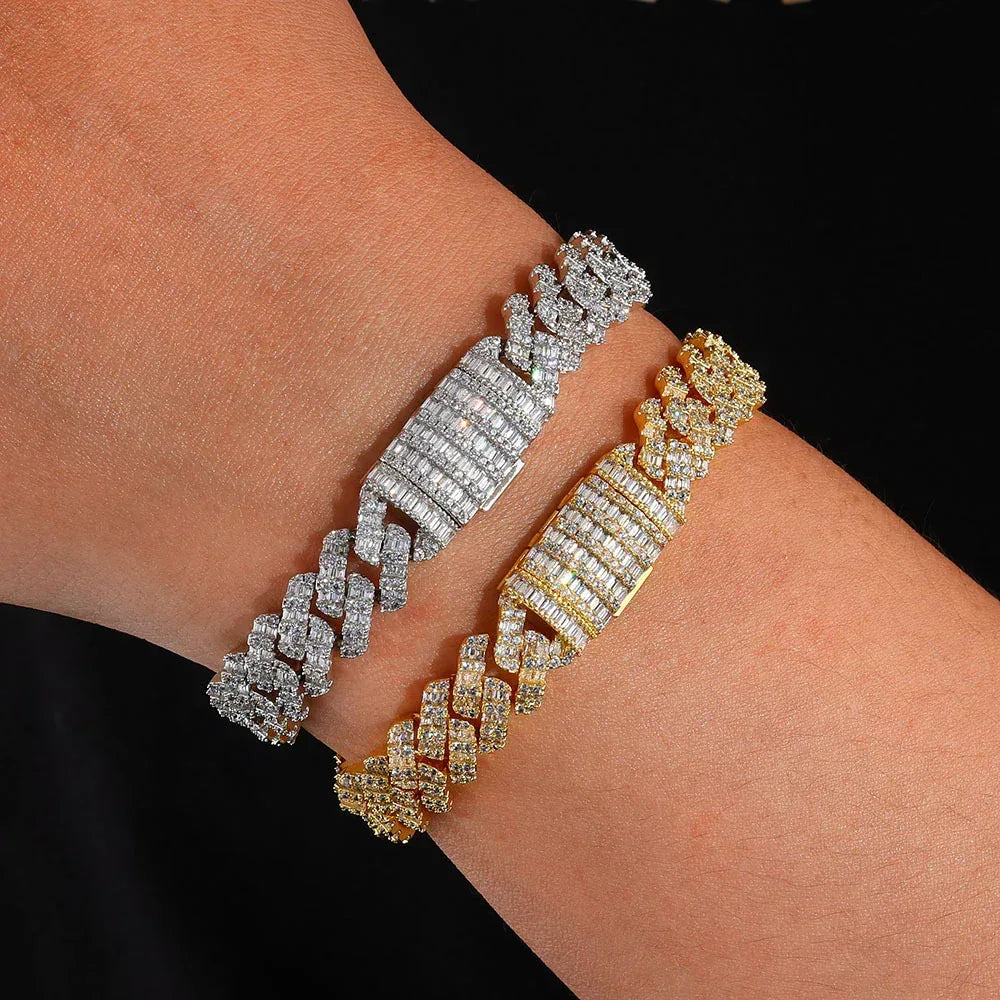 Custom 10mm Rhombus Baguette Cuban Link Bracelet - CaratixJewelry