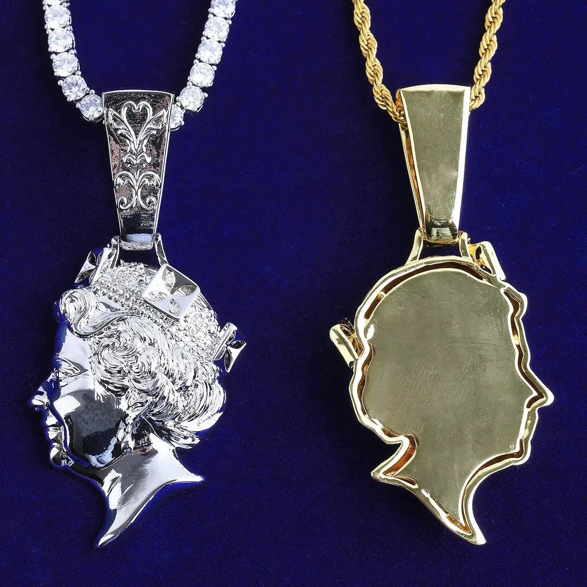 Iced Out Queen Elizabeth Portrait Pendant | Men's Real Copper CZ Necklace - CaratixJewelry