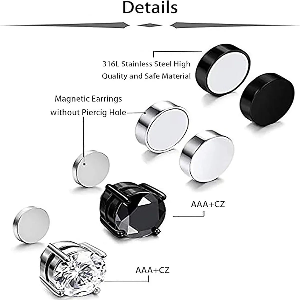 6mm & 8mm Magnetic Zircon Studs - 4-Prong Stainless Steel