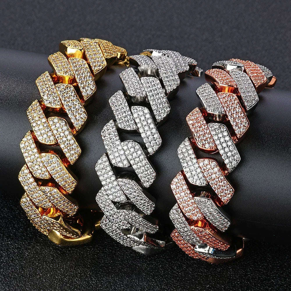 20mm Triple Row -Shaped Zircon Cuban Link Bracelet - CaratixJewelry