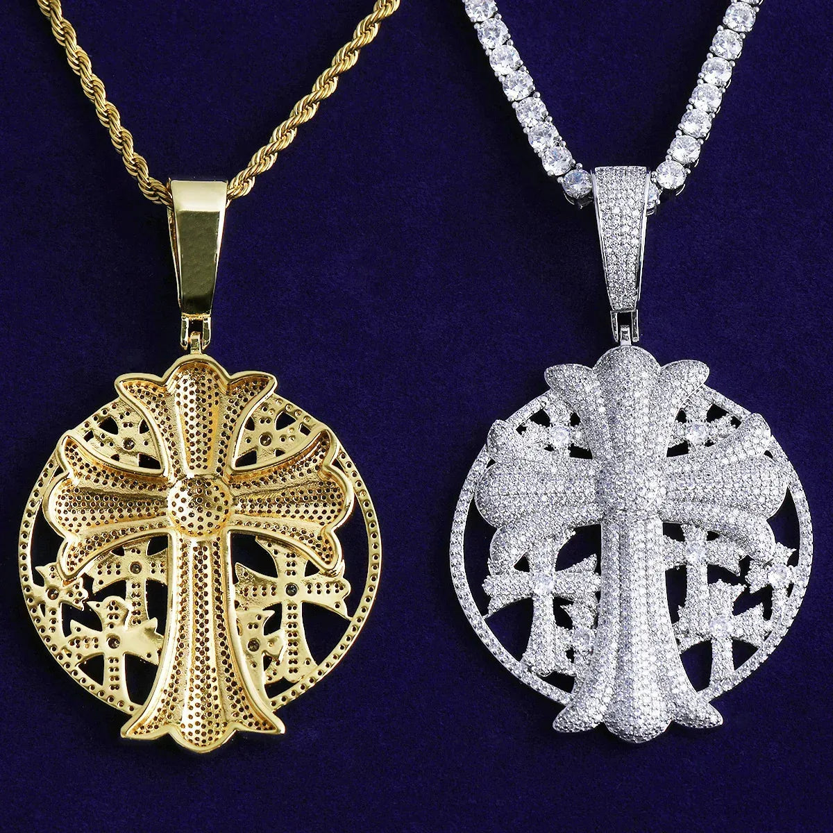 Iced Out Cross Medallion Pendant | Men's Round Disc Necklace - CaratixJewelry