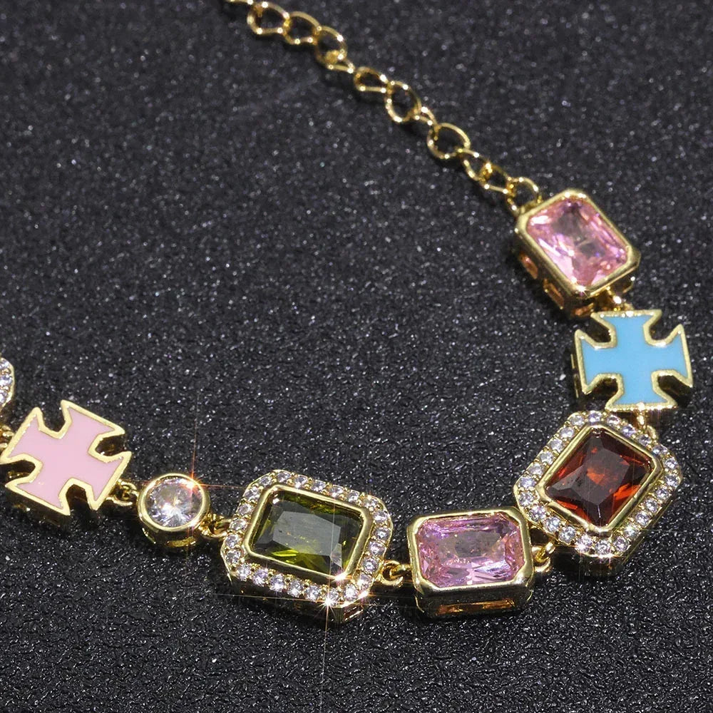 Drip Cross Pendant Colorful Gemstone Hip Hop Bracelet Gold Chain Rapper Style for Men | Caratix Jewelry - CaratixJewelry