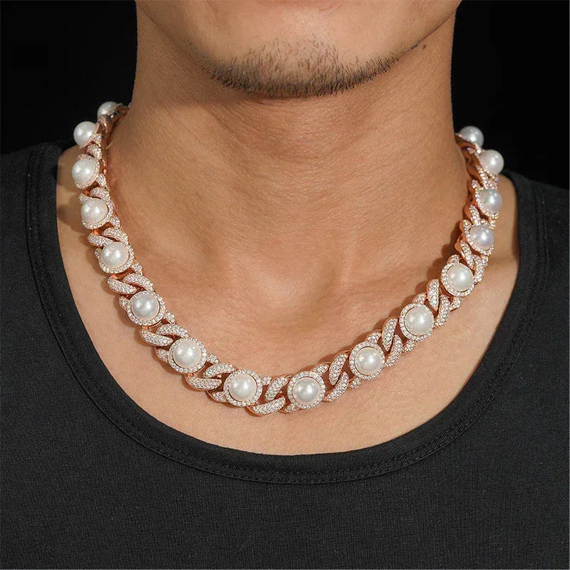 15mm Pearl Moissanite Cuban Link Necklace | S925 Silver Men’s Hip Hop Chain - CaratixJewelry