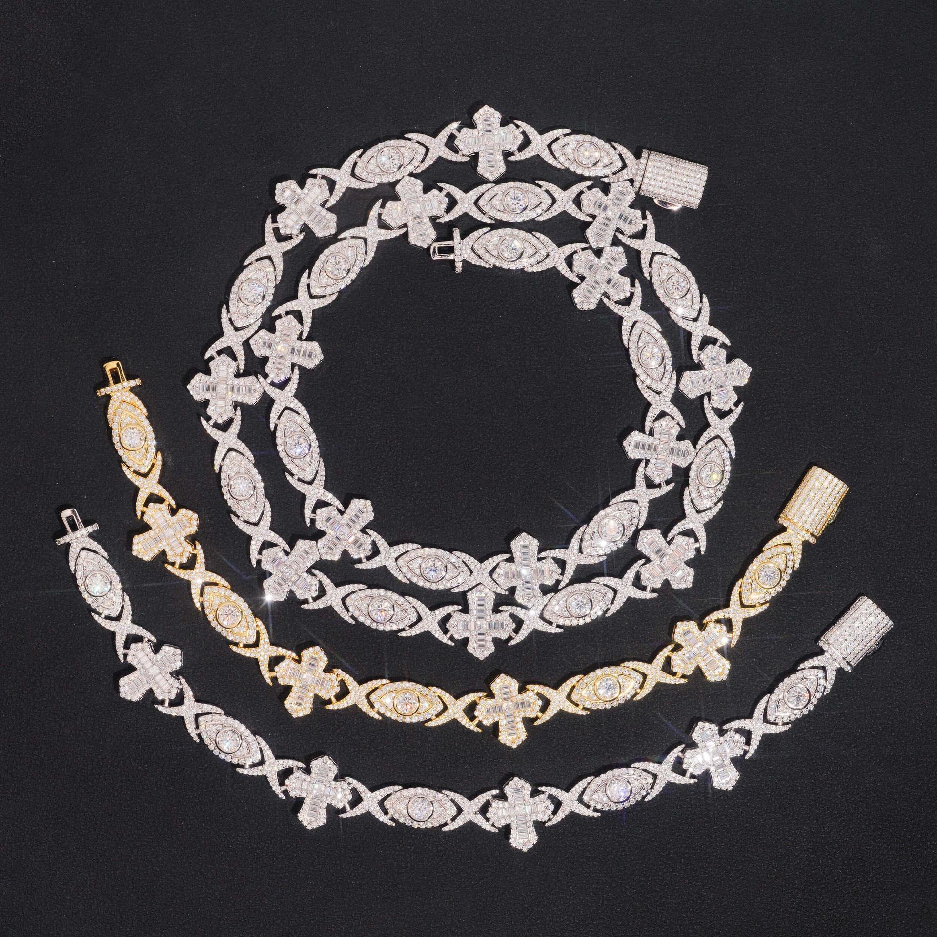 14mm Moissanite Cuban Link Bracelet with Cross & Eye Design – S925 Sterling Silver Iced-Out Hip Hop Streetwear Jewelry - CaratixJewelry